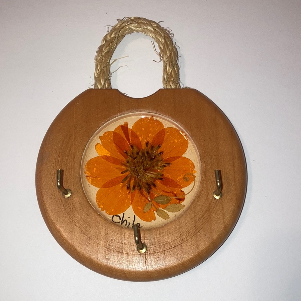 Pressed Flower Wood Wall Hanging Key Holder Made in Chile